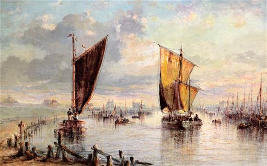 Late 19th century English School Fishing boats along the coast, 14 x 22in.